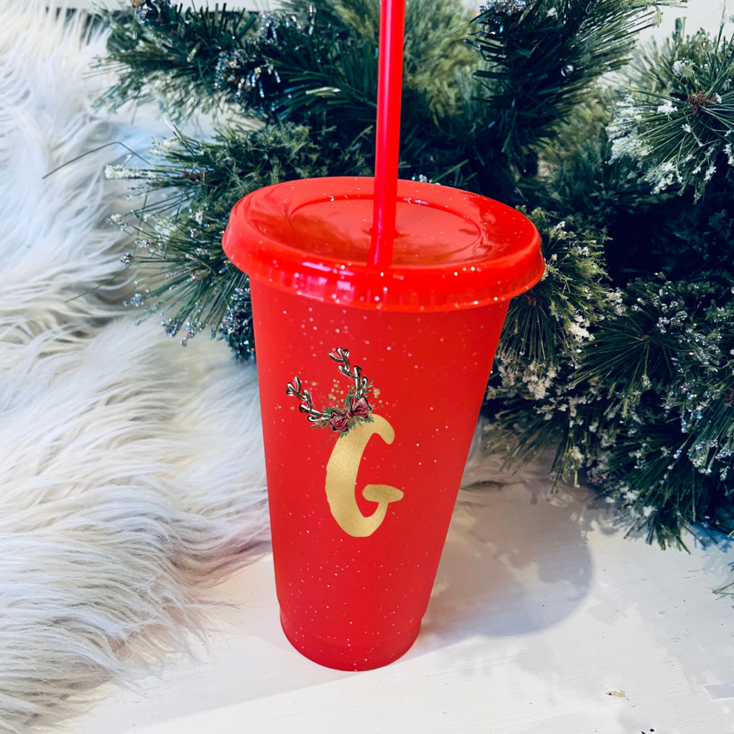 Personalised antler initial glitter red cold cup with optional bow