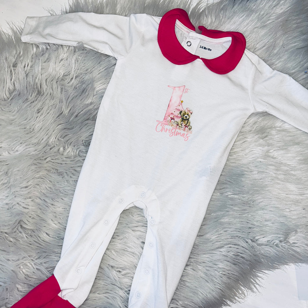 Pink first Christmas baby grow (optional personalisation)