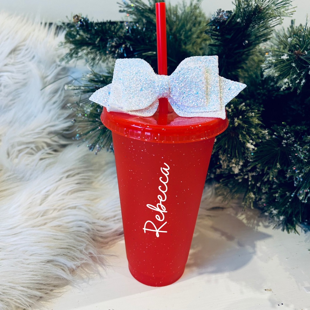 Personalised glitter red cold cup with optional bow