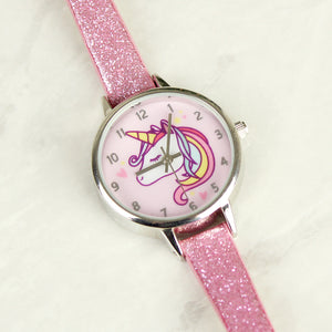 Personalised Unicorn with Pink Glitter Strap Girls Watch