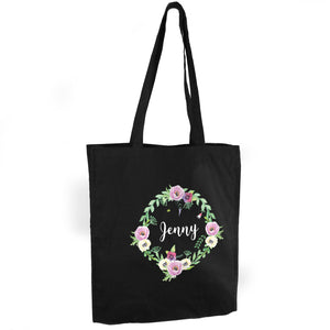 Personalised Floral Black Cotton Bag