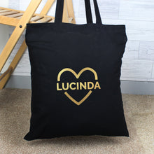 Personalised Gold Heart Black Cotton Bag