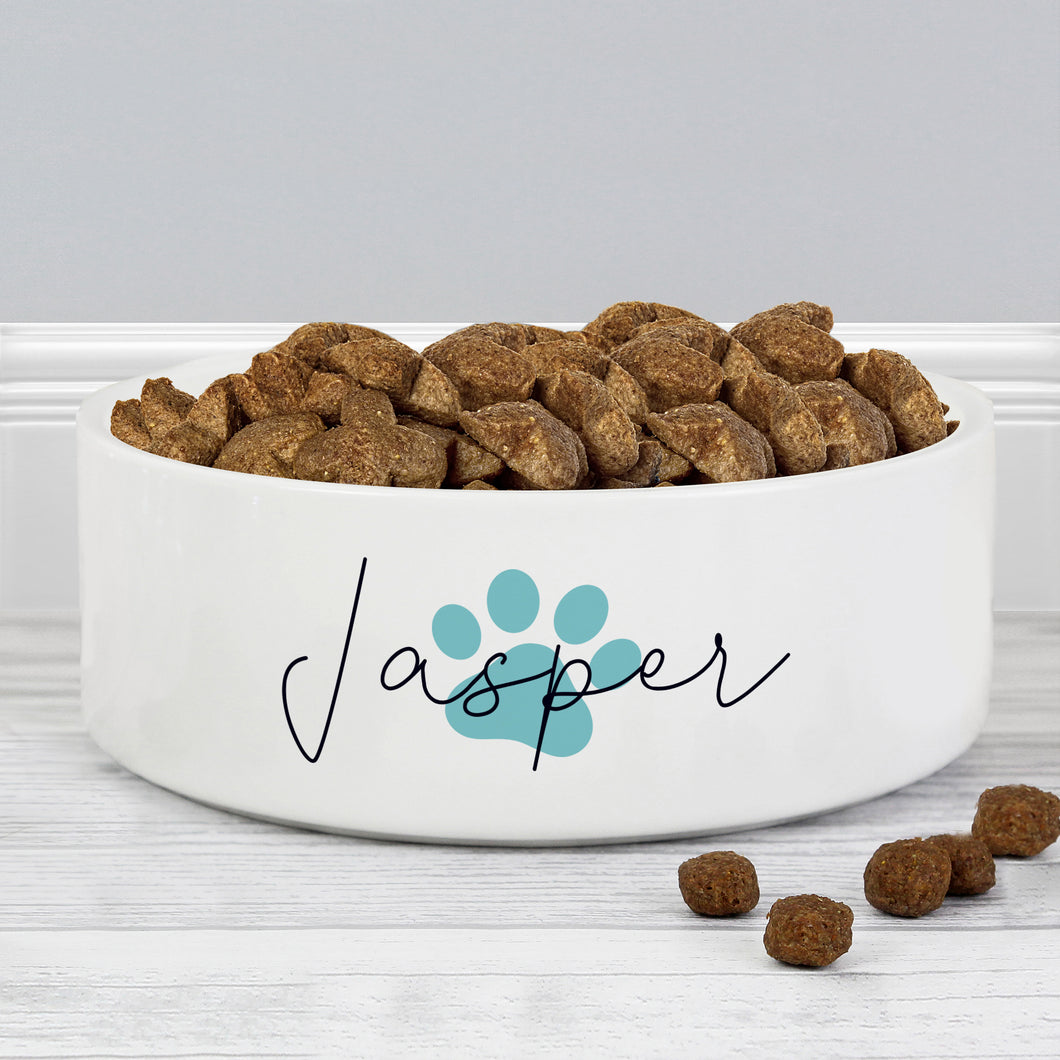 Personalised Blue Pawprint Name 14cm Medium Pet Bowl